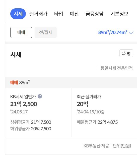 KB 부동산 시세 금액 확인